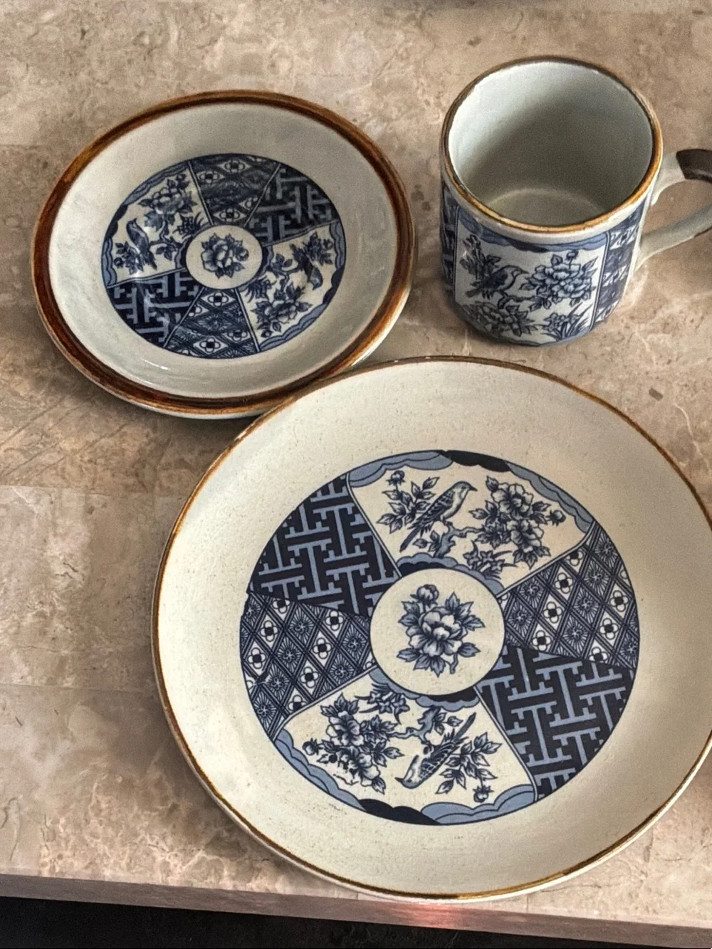 Blue and White Porcelain  Cup, Saucer Plate Set with Gold Trim - Set of 4